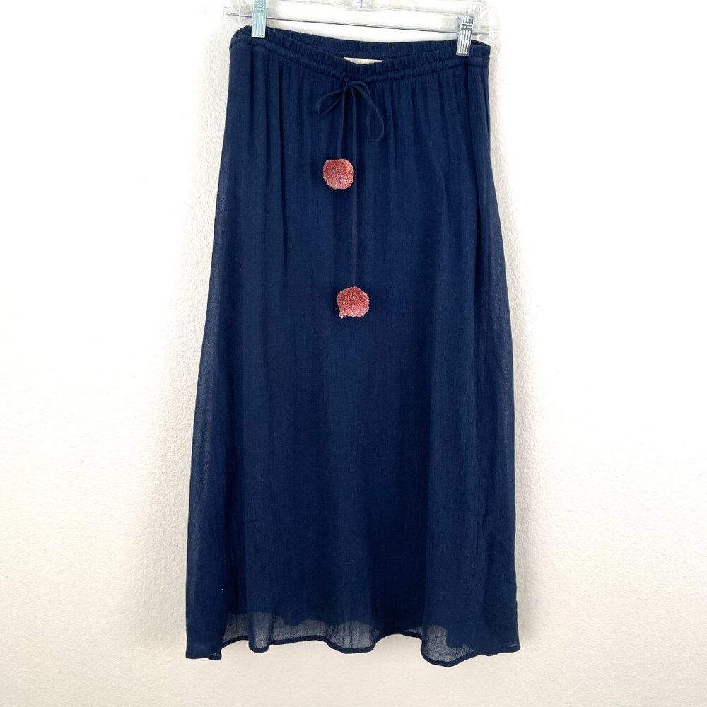 Johnny Was Calmé Womens Small Navy Easy Guaze Pom Pom Midi Skirt Pull On‎